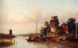 A River Landscape In Summer With A Moored Haybarge By A Fortified Farmhouse by Jan Jacob Coenraad Spohler
